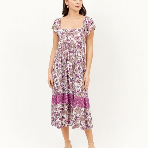 Ba&sh YSEE Purple Floral Print Woven Lightweight Summer Midi Dress, 1/4 - Picture 1 of 15